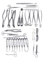 Complete 34-piece dental extraction kit designed for oral surgery, tooth removal, and root elevators.