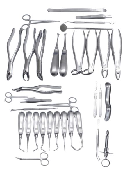 Complete 34-piece dental extraction kit designed for oral surgery, tooth removal, and root elevators.