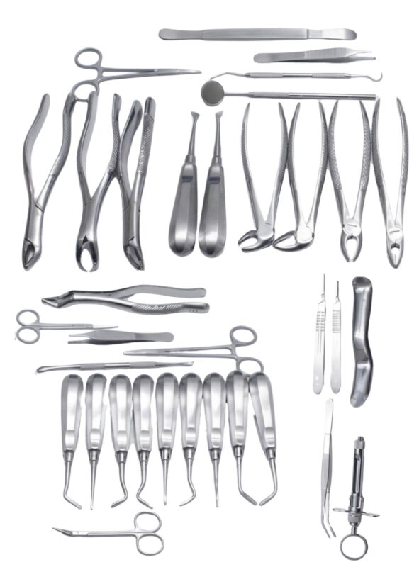 Complete 34-piece dental extraction kit designed for oral surgery, tooth removal, and root elevators.
