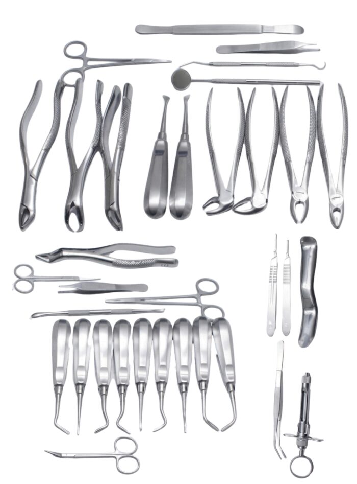 Complete 34-piece dental extraction kit designed for oral surgery, tooth removal, and root elevators.