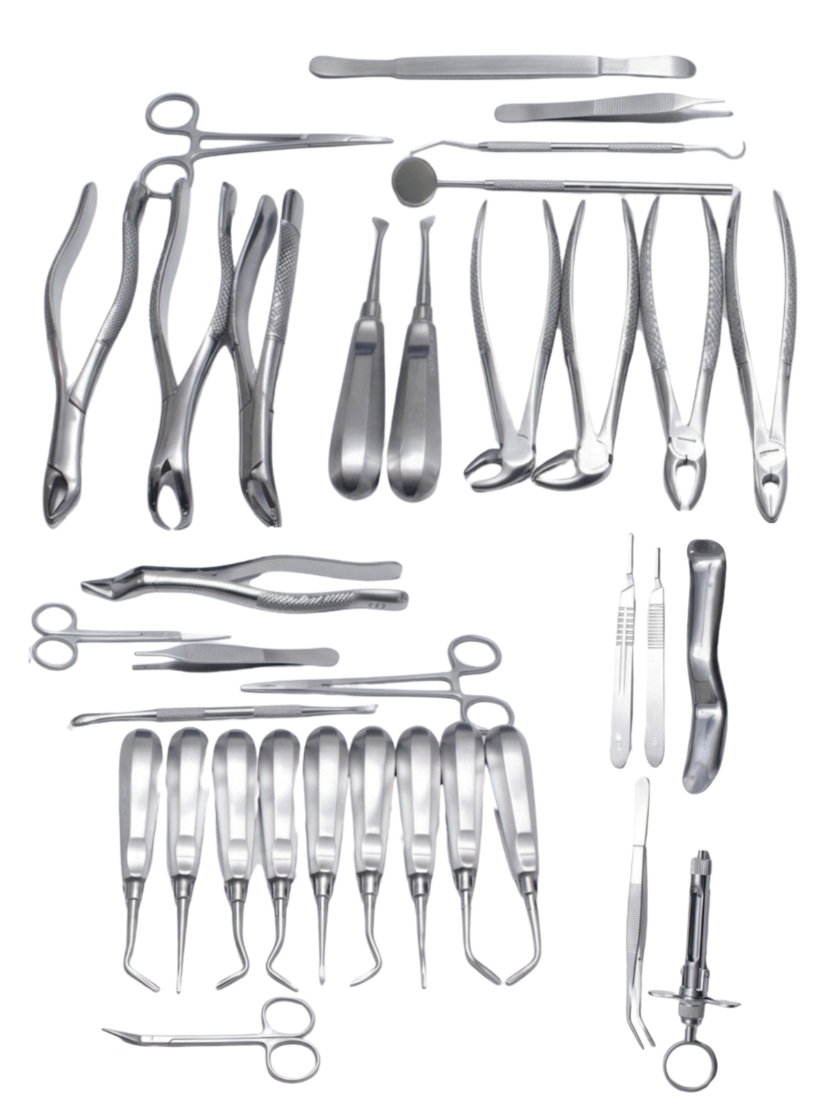 Complete 34-piece dental extraction kit designed for oral surgery, tooth removal, and root elevators.