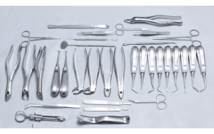 Complete 34-piece dental extraction kit designed for oral surgery, tooth removal, and root elevators.