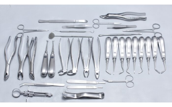 Complete 34-piece dental extraction kit designed for oral surgery, tooth removal, and root elevators.