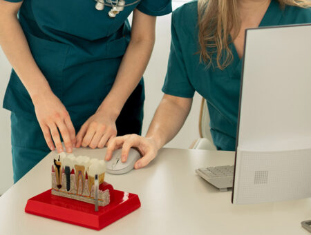 Dentists implantologists look at the computer. On the table there is a model with teeth implants