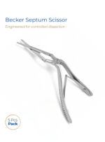 Becker septum scissor double-action joint, angled shanks, serrated blades