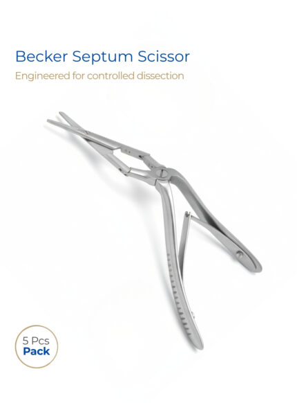 Becker septum scissor double-action joint, angled shanks, serrated blades