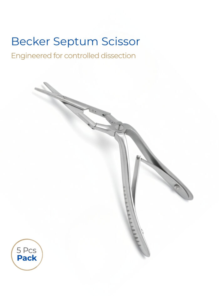 Becker septum scissor double-action joint, angled shanks, serrated blades