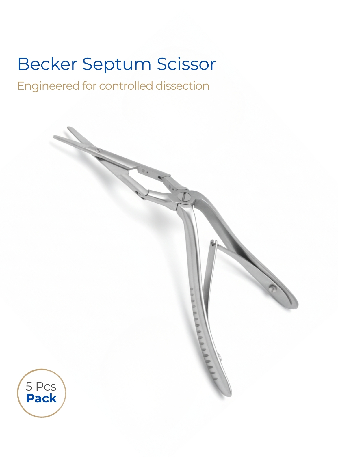 Becker septum scissor double action joint angled shanks serrated blades Becker septum scissor double-action joint, angled shanks, serrated blades